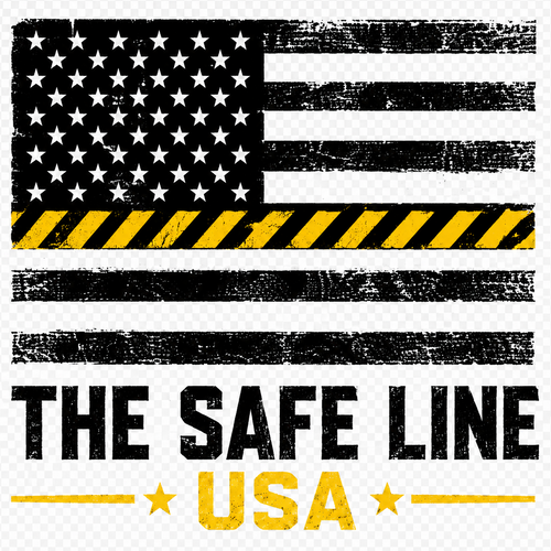 American flag with yellow hazard stripes and 'The Safe Line USA' text on a white background